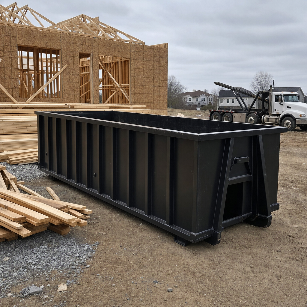 Matte-black 40-yard roll-off dumpster staged on a framed-out residential construction site in Killeen, framing lumber stacked nearby, hooklift delivery truck visible in the background under bright Colorado daylight