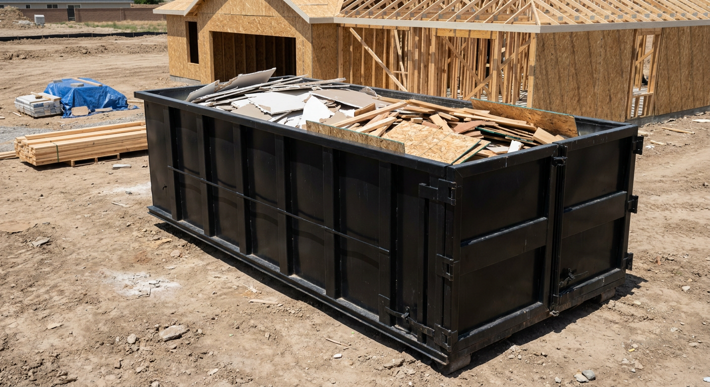 Matte-black 30-yard roll-off construction dumpster sitting directly on the compacted-dirt site of a framed single-family home build in Killeen, drywall and lumber scrap loaded inside.