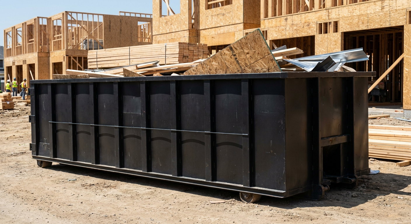 Matte-black 40-yard roll-off construction dumpster being lowered from a white-cab hooklift delivery truck onto the compacted-dirt jobsite at a commercial build site in Killeen
