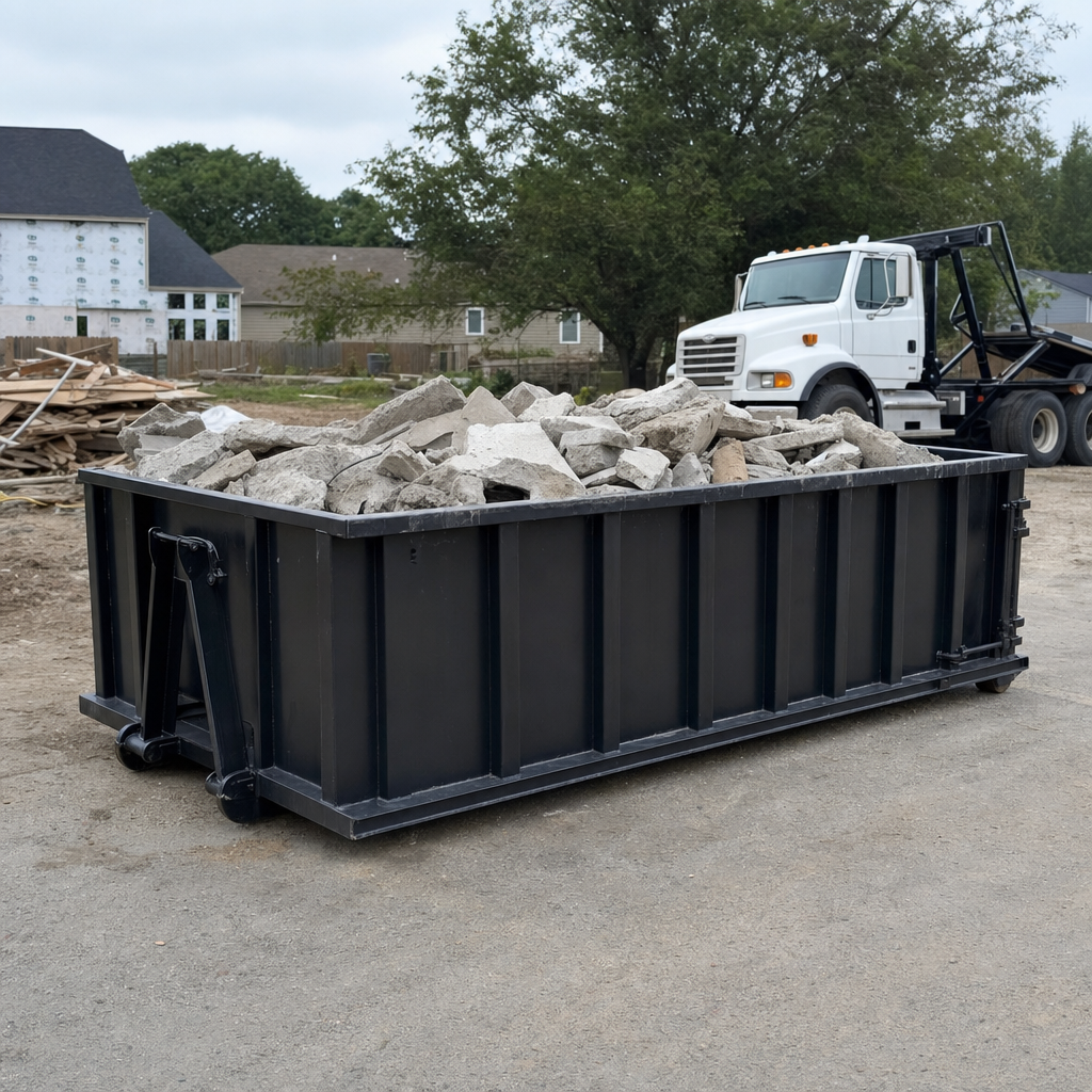 Low-profile matte-black lowboy roll-off dumpster loaded with broken concrete slab and rebar at a foundation tear-out in Killeen, skid steer parked beside it, sunny Colorado morning