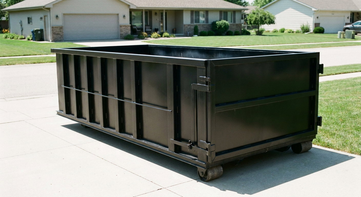 Matte-black 10-yard roll-off dumpster on a residential concrete driveway in Killeen, uniformly painted matte black across every panel and rail, ribbed steel sidewalls and rear swing door visible, mid-day daylight.