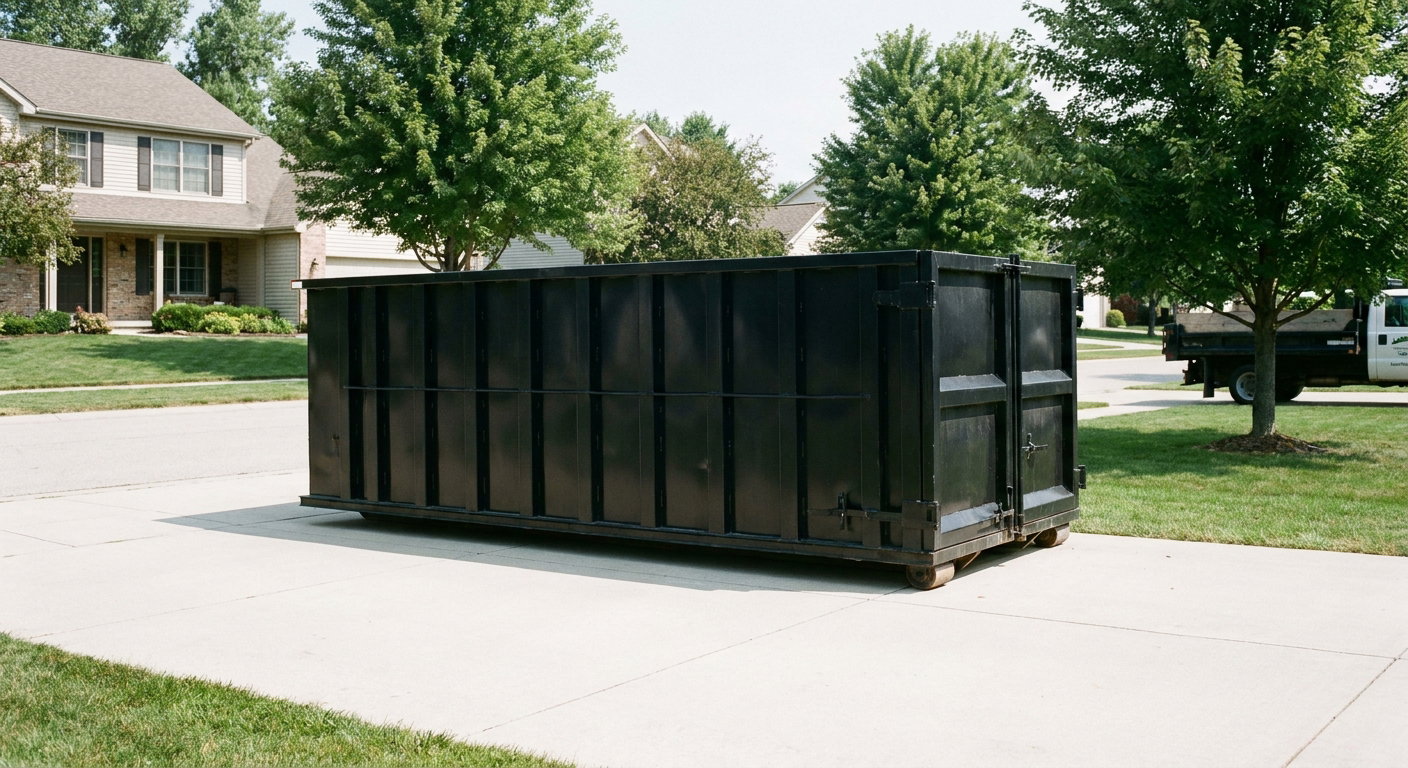 Matte-black 20-yard roll-off dumpster sitting level on a clean Killeen residential concrete driveway under bright daylight, demonstrating clean placement directly on the concrete.
