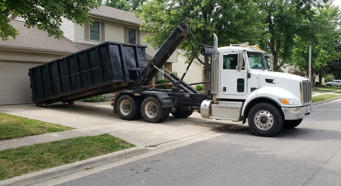 White-cab hooklift roll-off truck actively lowering a matte-black dumpster onto a Killeen residential concrete driveway, the dumpster's rear wheels touching the driveway as the hoist arm tilts the bed forward, mid-morning daylight.