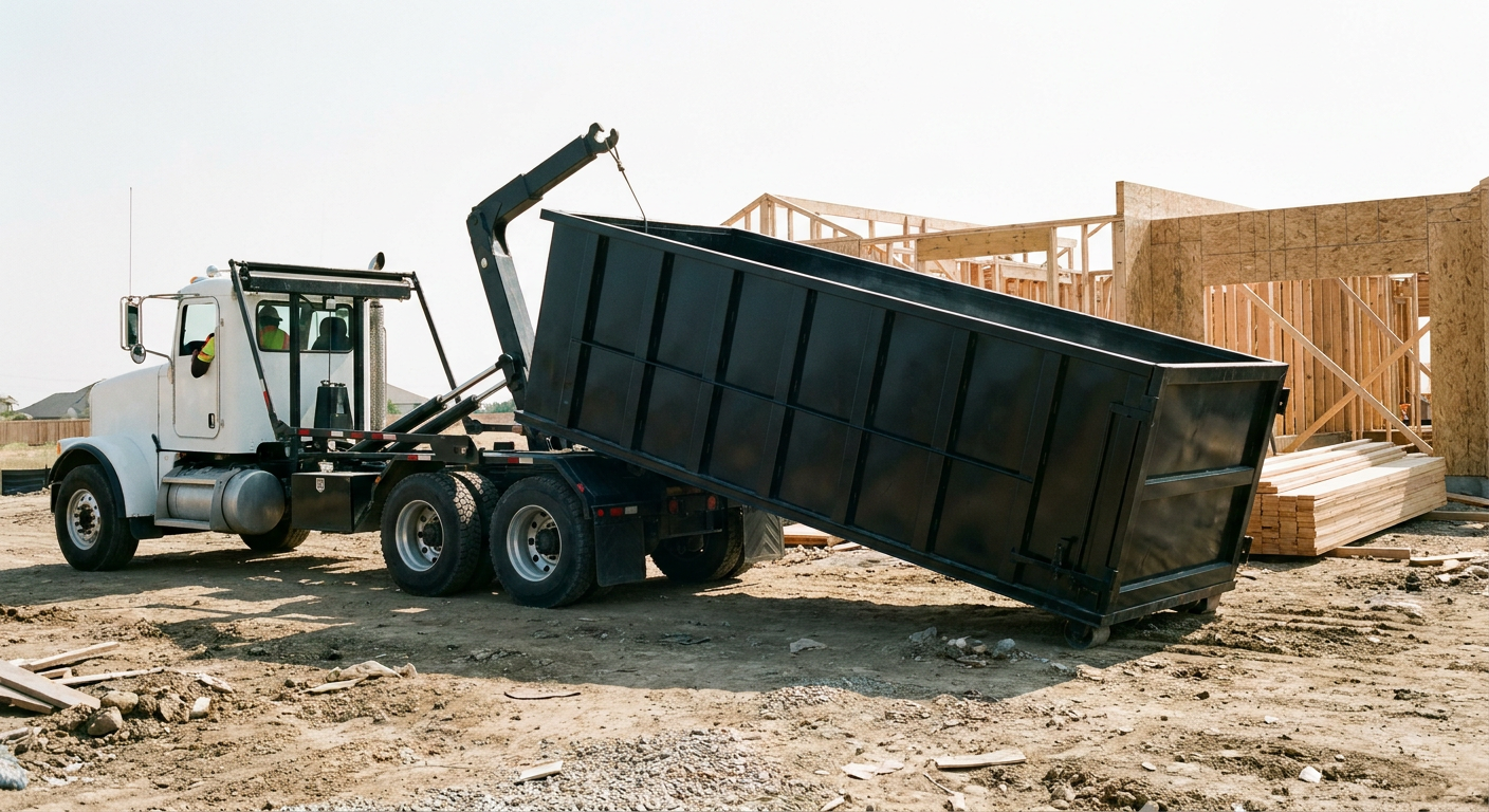 Matte-black roll-off dumpster being delivered onto a clean residential concrete driveway in Killeen by an unmarked white hooklift hauler truck, bright morning daylight, documentary 35mm perspective.