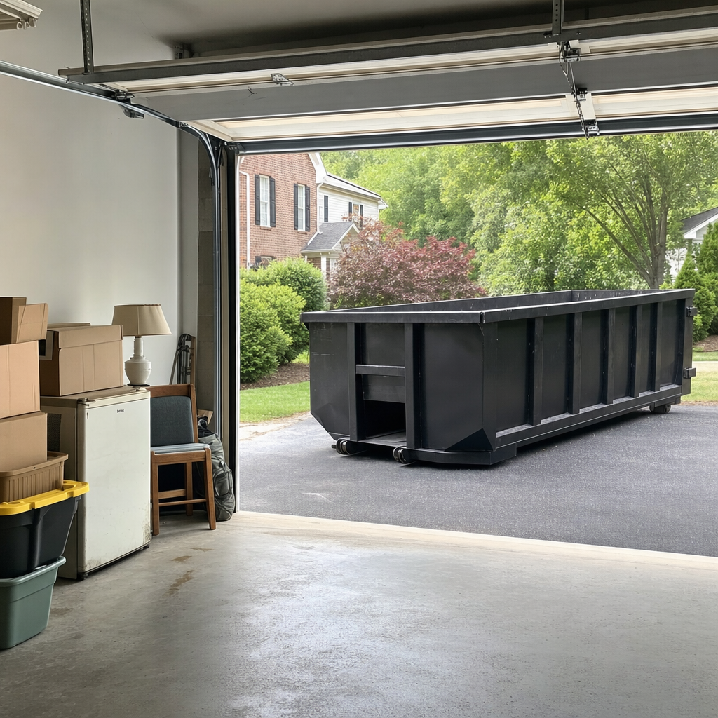 Open garage interior in a Killeen home mid-cleanout — boxed items, an old appliance, and stacked yard tools queued near the driveway for a matte-black roll-off dumpster, organized and calm