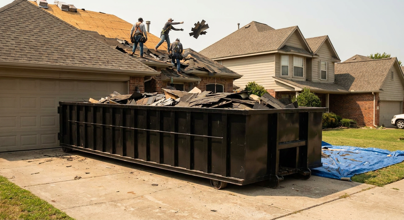 Matte-black roofing roll-off dumpster placed directly on a Killeen residential concrete driveway, a tear-off crew on a two-story asphalt-shingle roof tossing shingle bundles into the low-walled container, bright daylight, documentary 35mm perspective.