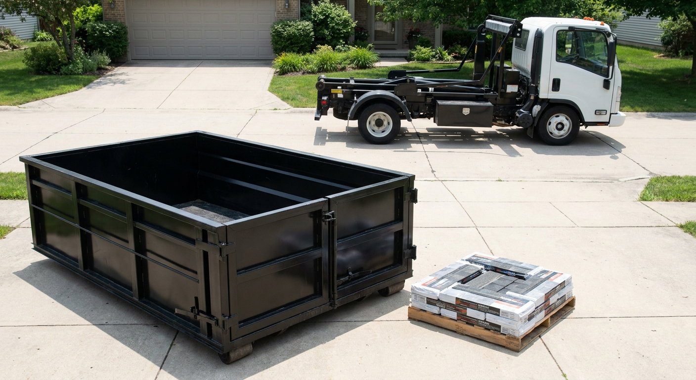 Matte-black 15-yard roofing roll-off dumpster with reinforced low side walls sitting directly on a Killeen residential concrete driveway, three-tab asphalt shingle bundles stacked nearby, an unmarked white hauler truck partially visible at the edge of the frame.