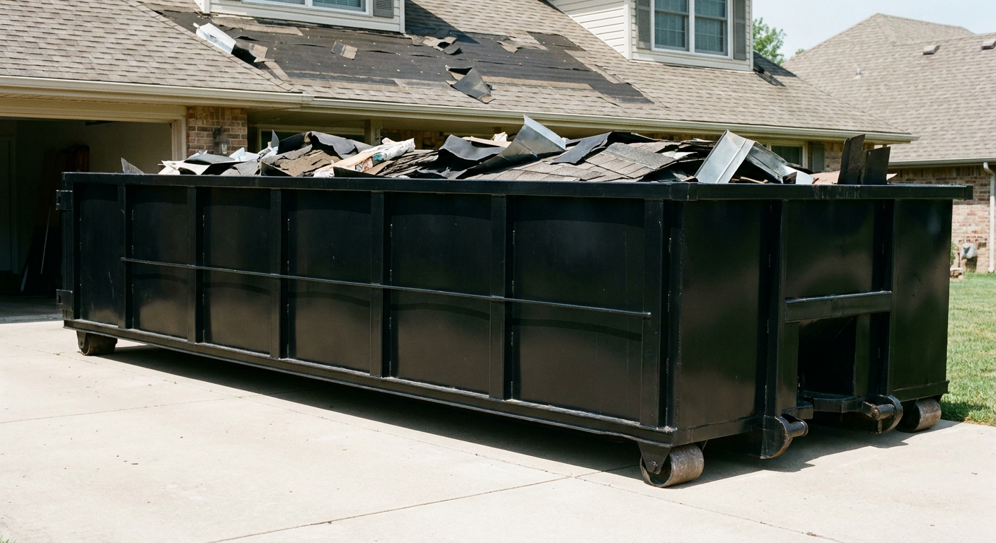 Matte-black 20-yard roofing roll-off dumpster with steel ribbed sides and swinging rear door, sitting directly on the concrete driveway of a two-story Killeen home, asphalt shingle debris being loaded over the low wall, clean documentary lighting.