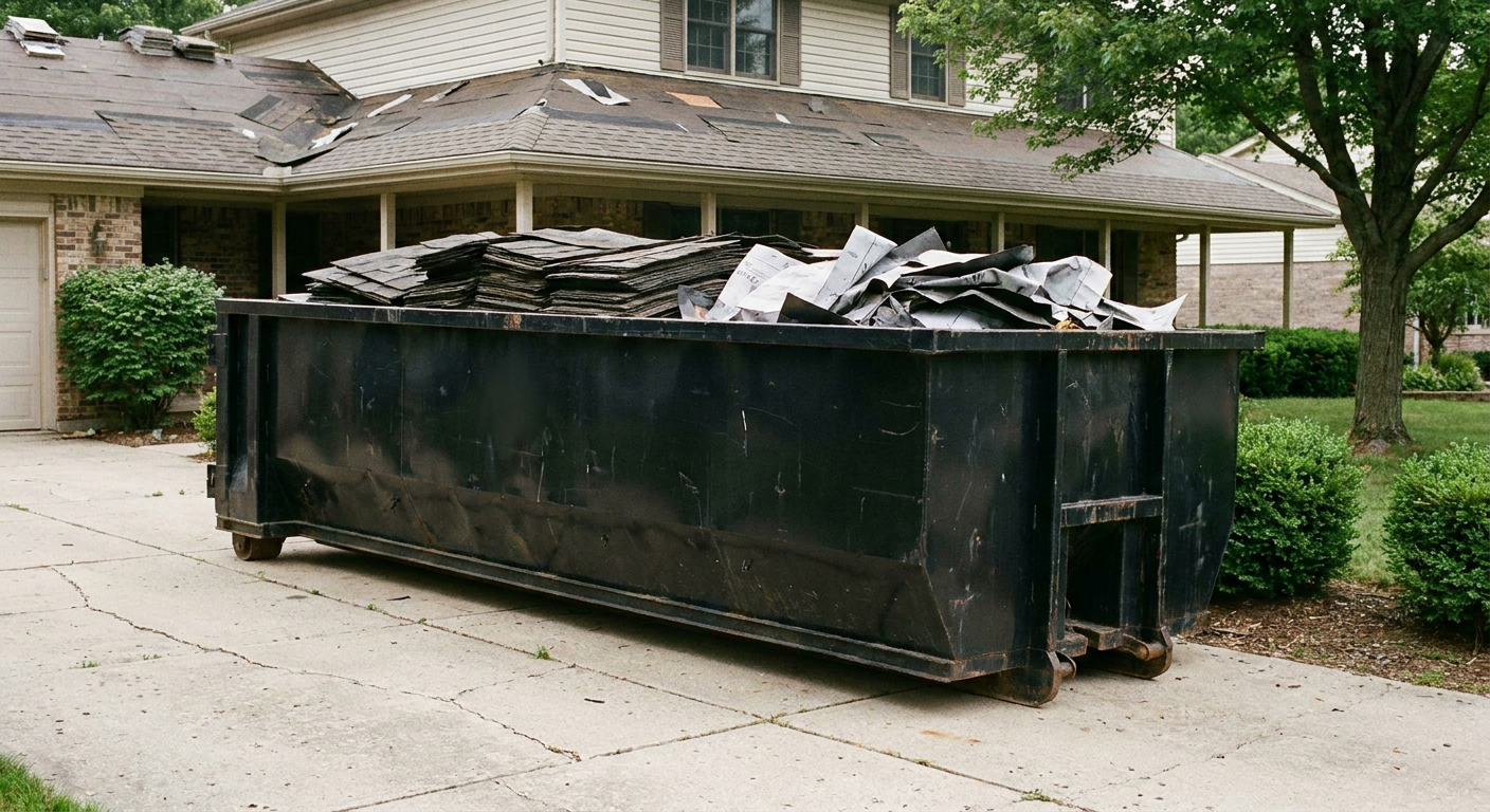 Matte-black 30-yard roofing roll-off dumpster sitting directly on a Killeen concrete driveway, taller ribbed steel side panels, mixed tear-off debris of asphalt shingles and underlayment inside, professional documentary daylight.