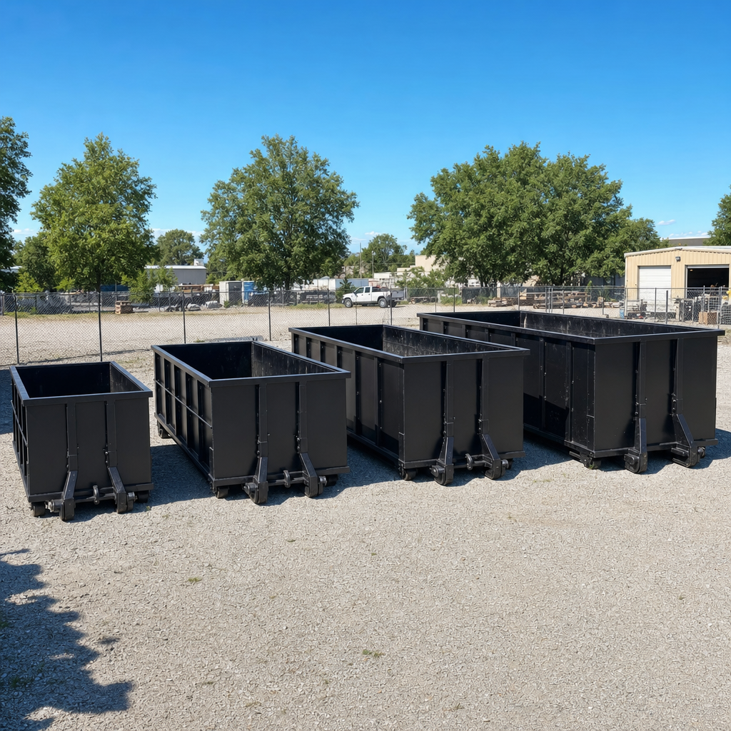 A clean lineup of matte-black roll-off dumpsters in 10, 20, 30, and 40-yard sizes staged on a sunlit gravel yard in Killeen, showing the size progression from compact to commercial-scale containers.