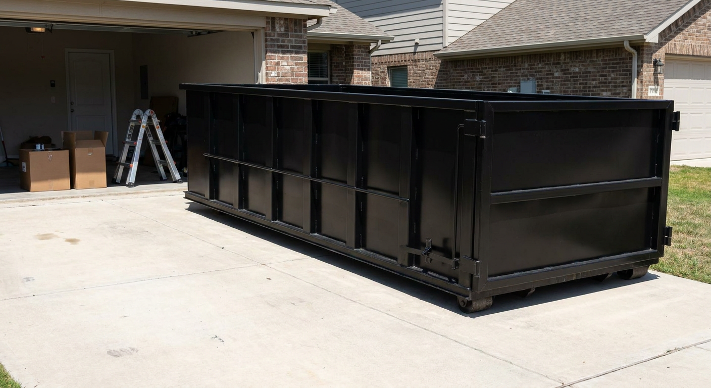 A matte-black 10-yard roll-off dumpster sitting directly on a residential Killeen concrete driveway, mid-day sunlight, clean and ready for a garage cleanout.