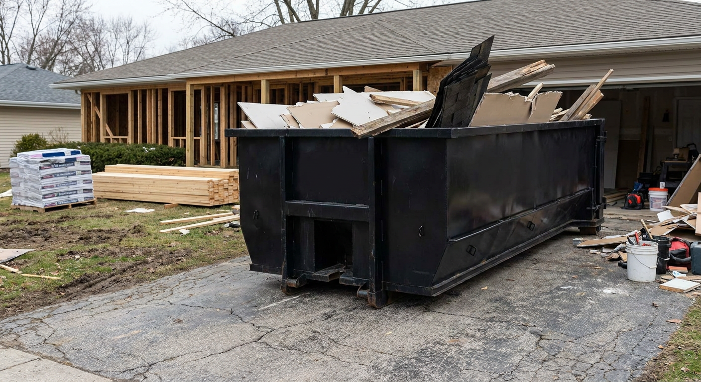 A matte-black 20-yard roll-off dumpster placed alongside a mid-renovation Killeen home directly on the asphalt driveway, with framing materials and torn-off shingles staged neatly nearby.
