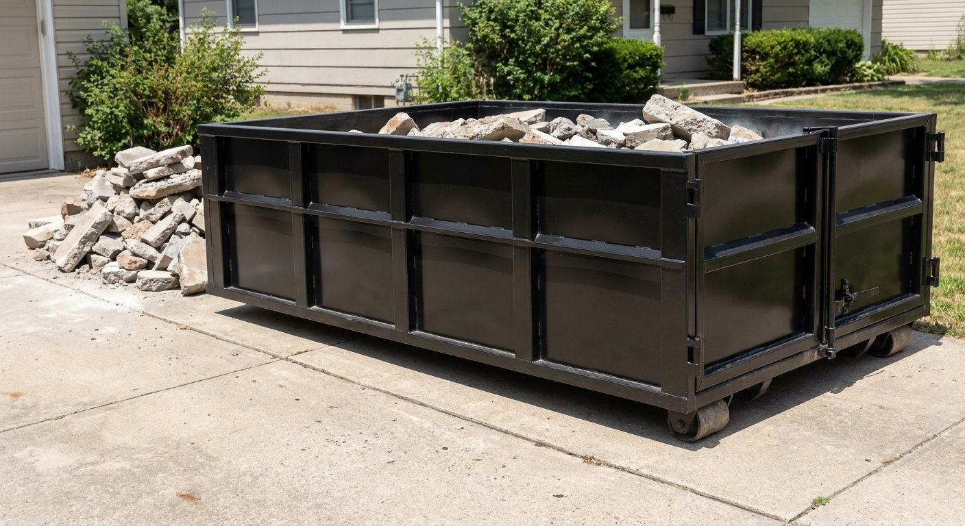A matte-black low-side heavy-debris roll-off dumpster placed directly on a Killeen concrete driveway, with broken concrete chunks neatly stacked beside it under clean daylight.
